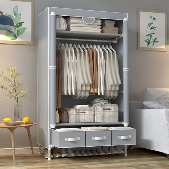 Portable Clothes Closet Rolling Door Wardrobe with Hanging Rack Three Drawer Boxes No Tool Assembly 67in35.4in17.7in Gray