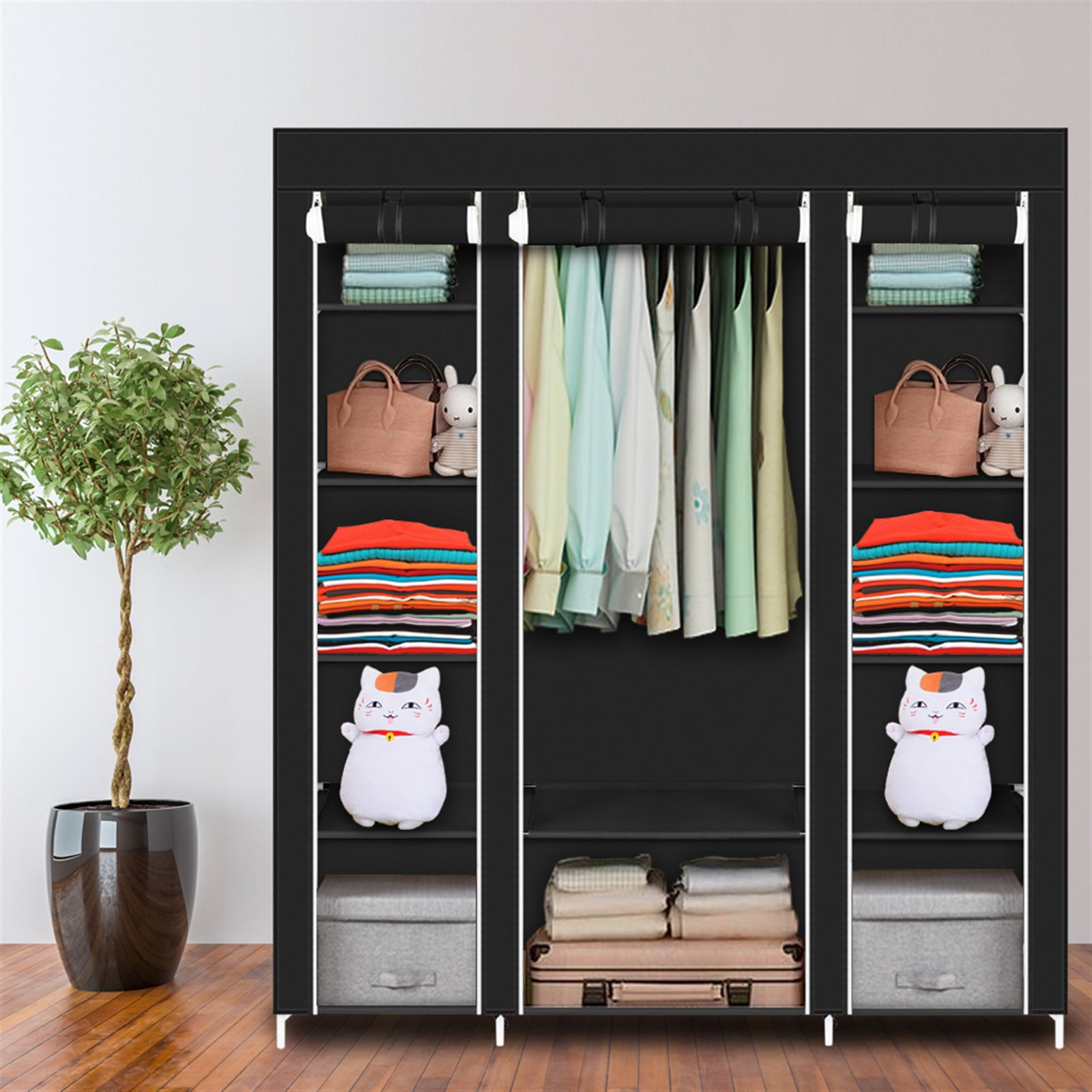 Portable Clothes Closet Wardrobe Storage Organizer with Non-Woven Fabric Quick and Easy to Assemble Extra Strong and Durable Black