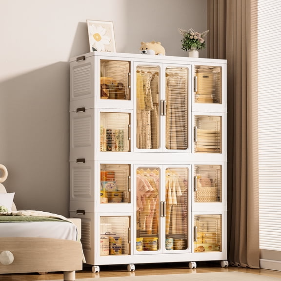 Portable Clothes Dresser Wardrobe Closet. 12 Magnetic Doors, & 2 Hanging Rods. Holds Quilts, , Sheets. Safe Pp Abs. Quick Setup. White Storage Organizer With Doors For Clothes. Stores Items, Books.