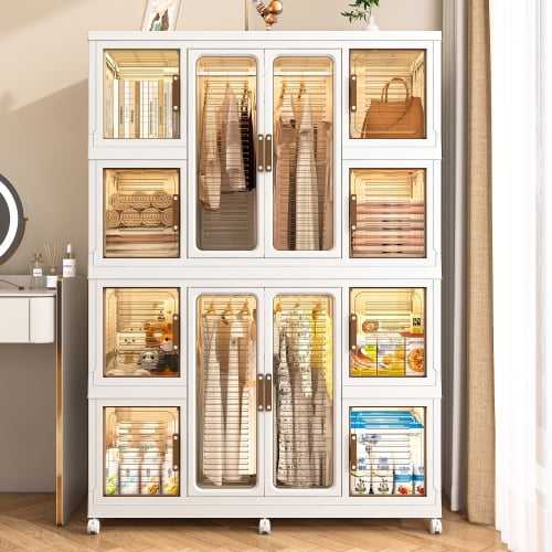 Portable Clothes Dresser & Wardrobe Storage Organizer - 12 Magnetic Doors, 12 Cubes, 2 Hanging Rods, 16 Hangers, Elegant White Wardrobe Storage Cabinet