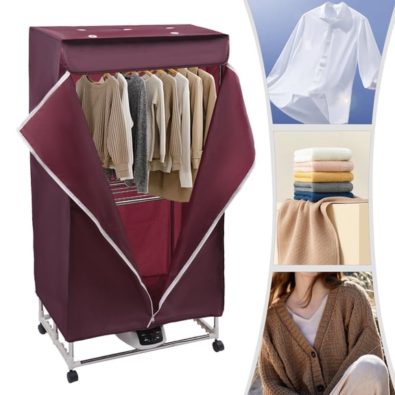 Portable Clothes Dryer with Remote, 1500W PTC Heating, 3 Speeds & Timer, Foldable Garment Drying Rack for Home, Apartment, 66lb Load, Low Noise, Wine Red