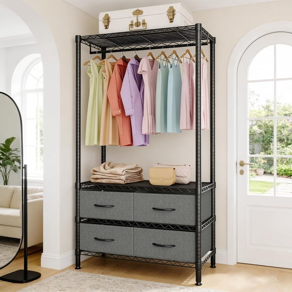 Portable Clothes Rack with Detachable Hang Rod and 4 Fabric Drawers, 3-Tier Heavy-Duty Garment Rack Portable Clothes Hanger Closet Organizers for Bedroom Dorm Apartment