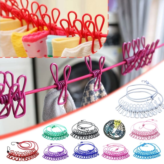 Portable Clothesline With 12 Clothespins, Stretchy Retractable Elastic Windproof Travel Clothes Line, Wind-Resistant Laundry Line For Travel Outdoor Activities And Indoor Use
