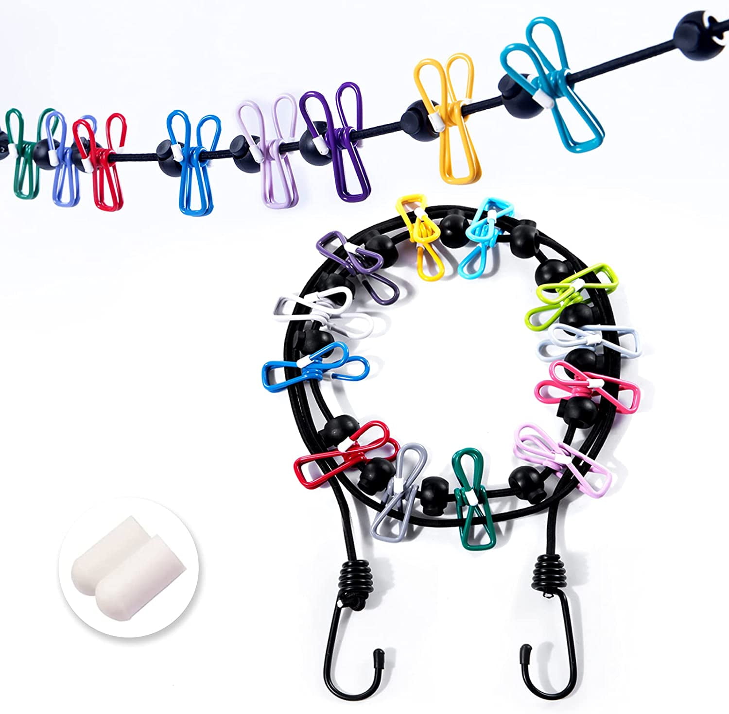 Portable Clothesline with 12 Colorful Clothespins, Windproof Travel Clothesline Stretchy Retractable Elastic Laundry Clothes Line for Backyard, Vacation Hotel, Balcony and Indoor Use