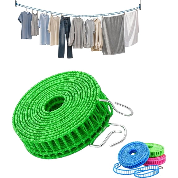 Portable Clothesline for Outdoor & Home,10/16/26/32 Ft Windproof Non-Slip Nylon Clothesline,Adjustable Laundry Drying Rope for Travel, Camping, Hotel, RV, Balcony, Indoor & Outdoor (Green*1, 3m/10ft)