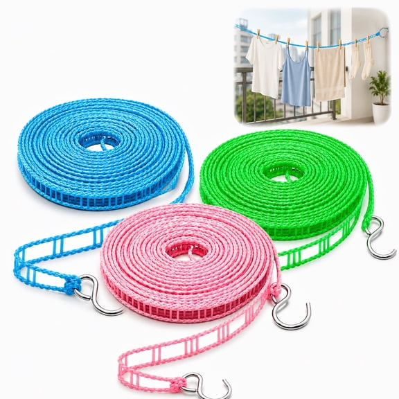 Portable Clothesline for Outdoor & Home, 3/5/8m Travel Clothes Drying Line with Hooks, 3-Pack Portable Laundry Rope for Camping, Hotel, Balcony and Indoor Use