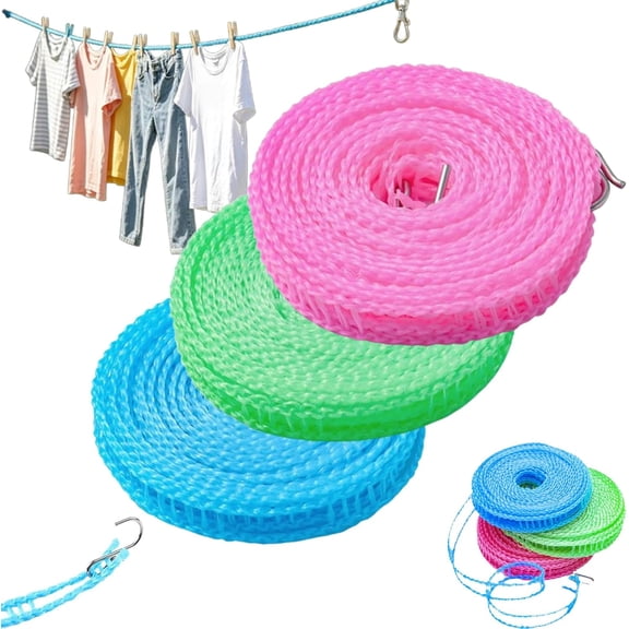 Portable Clothesline for Outdoor & Home, 3-Pack Adjustable Windproof Clothesline, Portable Windproof Clothesline |Retractable Fence-Style Non-Slip Drying Rope with Hooks (3mix, 5m/16ft)