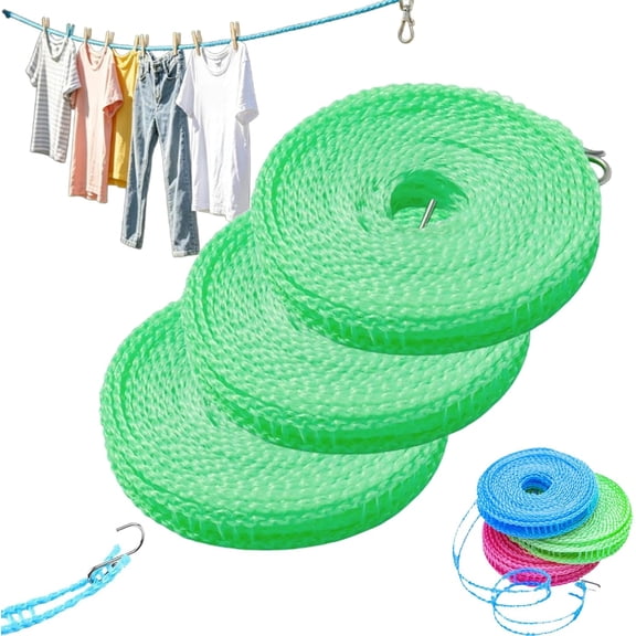 Portable Clothesline for Outdoor & Home, 3-Pack Adjustable Windproof Clothesline, Portable Windproof Clothesline |Retractable Fence-Style Non-Slip Drying Rope with Hooks (Green*3, 8m/26ft)