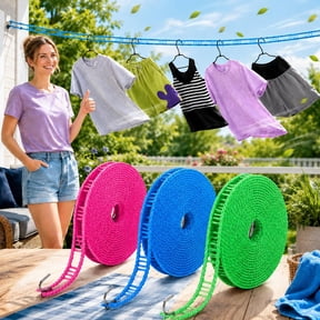 Portable Clothesline for Outdoor & Home, 3 Pack Windproof Non-Slip Clothesline with Hooks, Anti-Bunching Grid Clothes Line, Knot Free Travel Clothesline for Camping, RV Trips, Backyard