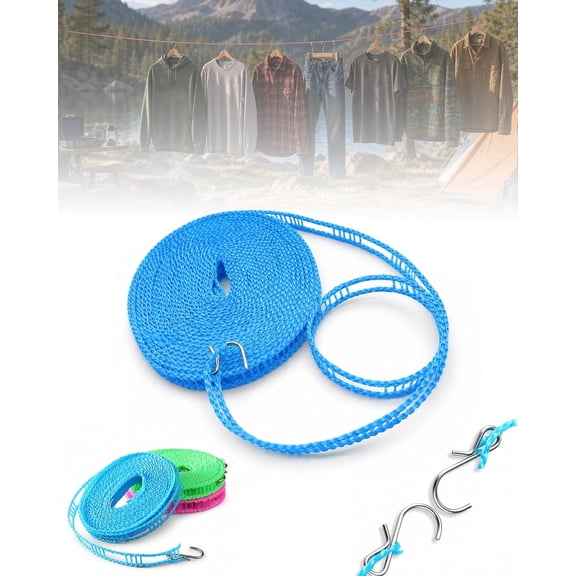 Portable Clothesline for Outdoor & Home with Hooks, 32ft Windproof Non-Slip Clothesline, Adjustable Partitioned Design, Sturdy and Durable, for Outdoors, Camping, Travel