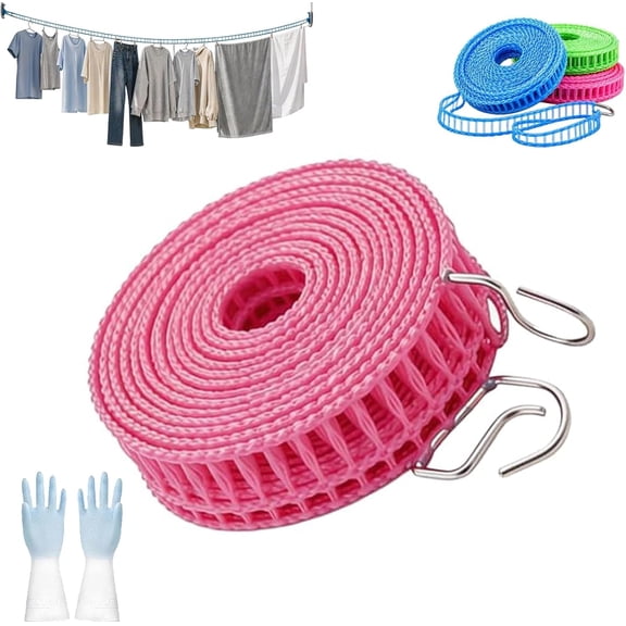 Portable Clothesline for Outdoor & Home, Windproof Non-Slip Laundry Drying Rope with Hooks, Nylon Non-Slip Clothe Drying Rope, Adjustable Laundry Drying Rope for Camping, Hotel, Balcony (Pink, 3M)