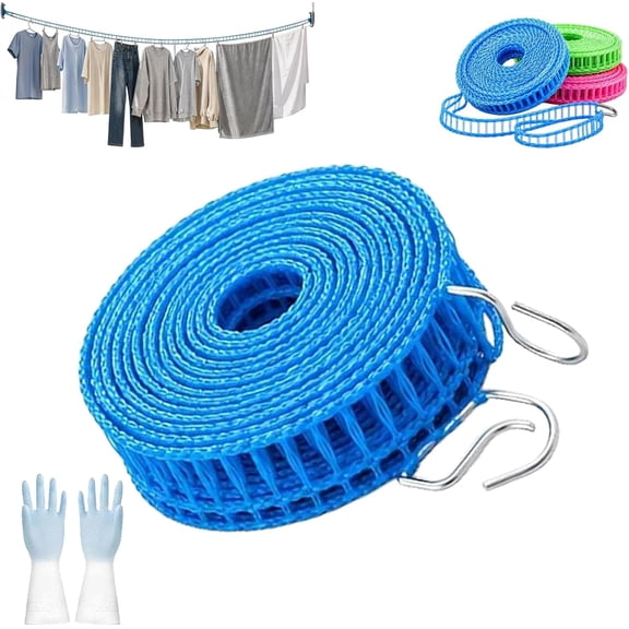 Portable Clothesline for Outdoor & Home, Windproof Non-Slip Laundry Drying Rope with Hooks, Nylon Non-Slip Clothe Drying Rope, Adjustable Laundry Drying Rope for Camping, Hotel, Balcony (Blue, 3M)