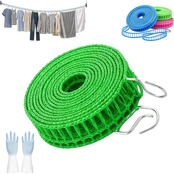 Portable Clothesline for Outdoor & Home, Windproof Non-Slip Laundry Drying Rope with Hooks, Nylon Non-Slip Clothe Drying Rope, Adjustable Laundry Drying Rope for Camping, Hotel, Balcony (Green, 3M)