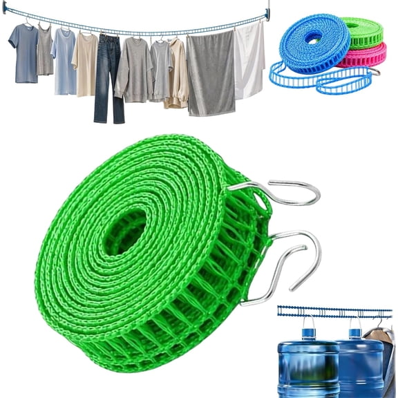 Portable Clothesline for Travel & Camping, 32FT Adjustable Windproof Non-Slip Laundry Drying Rope with Hooks, Heavy Duty Nylon Clothes Line for Hotel, RV, Indoor & Outdoor Use (Green, 5m/16ft)