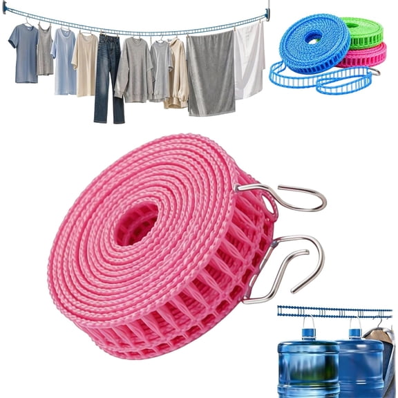 Portable Clothesline for Travel & Camping, 32FT Adjustable Windproof Non-Slip Laundry Drying Rope with Hooks, Heavy Duty Nylon Clothes Line for Hotel, RV, Indoor & Outdoor Use (Pink, 5m/16ft)