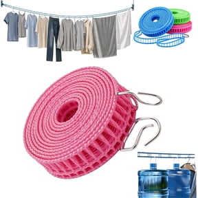 Portable Clothesline for Travel & Camping, 32FT Adjustable Windproof Non-Slip Laundry Drying Rope with Hooks, Heavy Duty Nylon Clothes Line for Hotel, RV, Indoor & Outdoor Use (Pink, 5m/16ft)