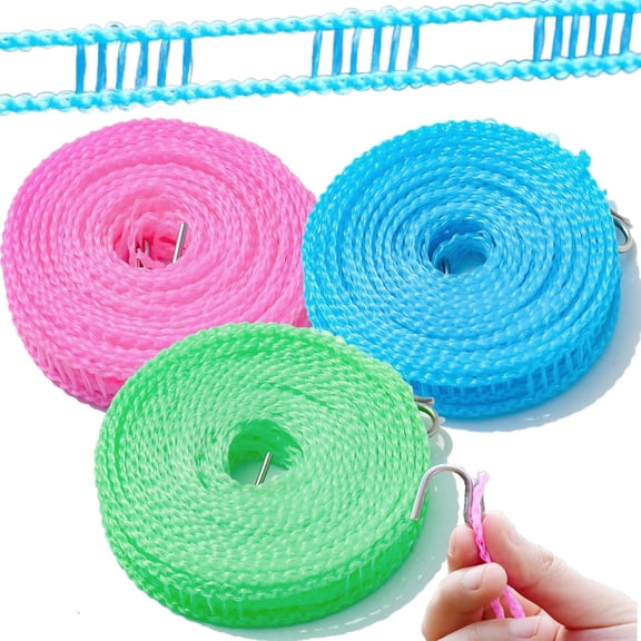 Portable Clothesline for Outdoor & Home, Windproof Non-Slip Clothesline with Hooks. (32 Ft,3pcs)