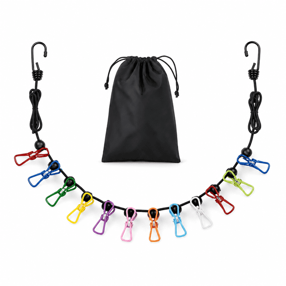 Portable Clothesline with 12 Clips, Stretchable Travel Laundry Drying Rope with Hooks and Storage Bag for Indoor Outdoor Camping, Hotel, Apartment