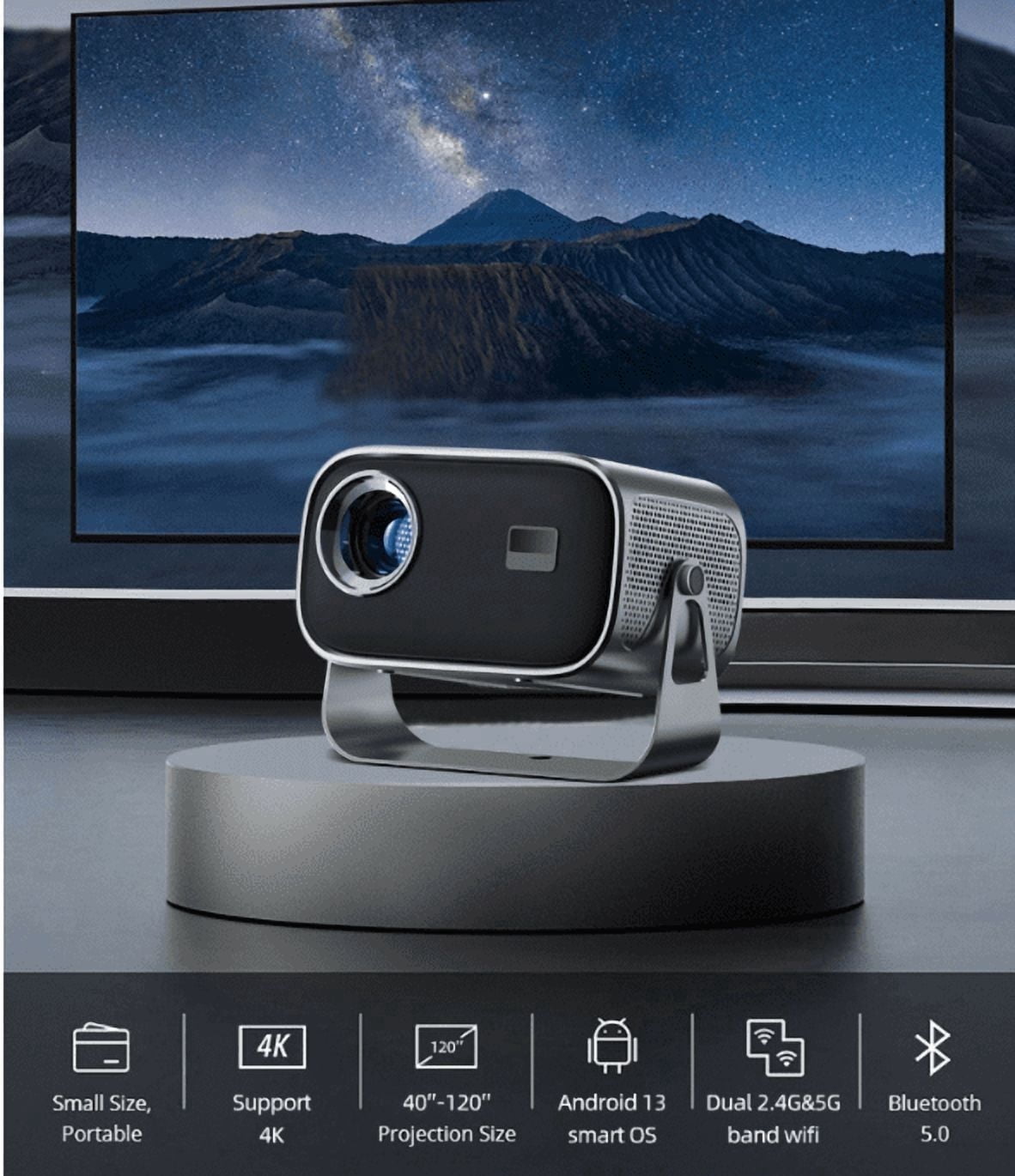 Portable Cloud Projector 720P HD, 4K Decoding, WiFi & Bluetooth