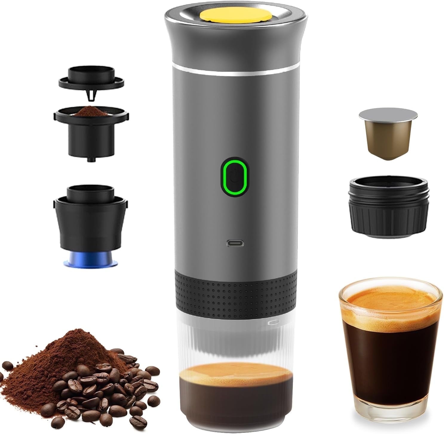Portable Coffee Machine, 3 in 1 Cordless Electric Coffee Maker, Work with Capsule and Ground Coffee, Cold Brew and Heating Coffee Maker with 150ml Cup-Grey