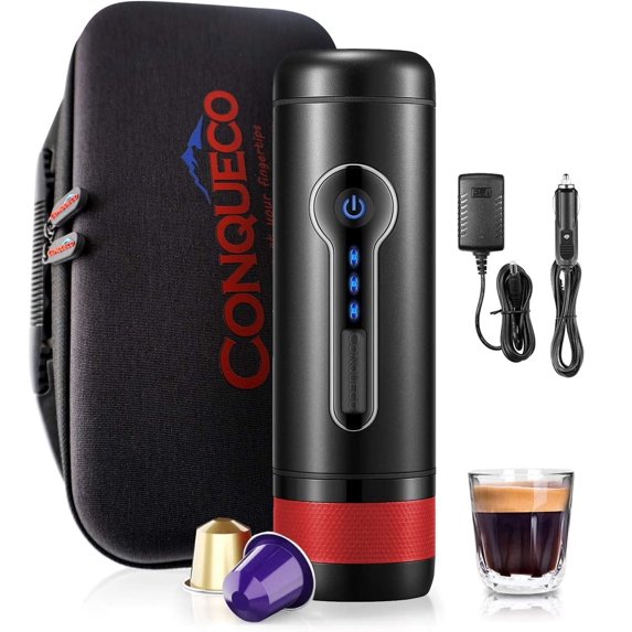 Portable Coffee Machine Espresso Maker: CONQUECO 12V Travel Coffee Machine with Rechargeable Battery - BPA Free - One Button Operation 15 Bar Pressure
