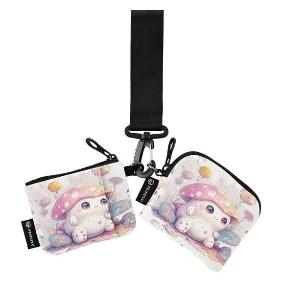 Portable Coin Purse Two 4.13x4.13 Iinches 4.13x3.5 Inches Wrist Coin Purse Keys Coin Purse Portable Women's Purse Cartoon Beautiful Pink Mushroom