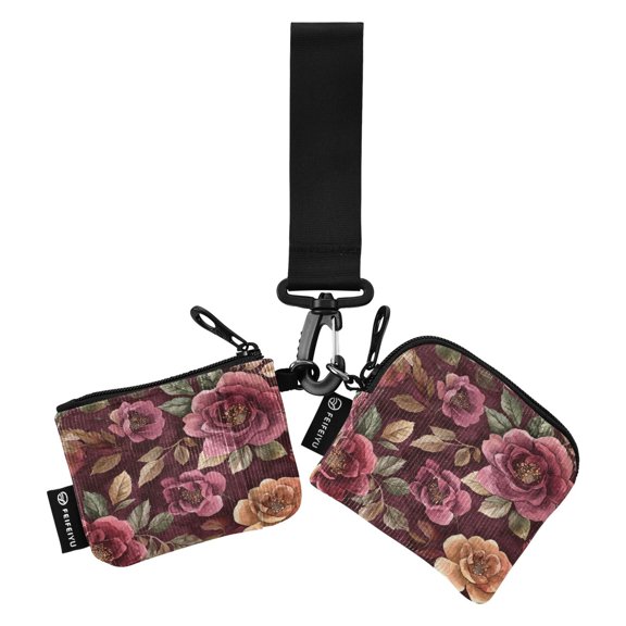 Portable Coin Purse Two 4.13x4.13 Iinches 4.13x3.5 Inches Wrist Coin Purse Keys Coin Purse Portable Women's Purse Cartoon Maroon Roses Seamless