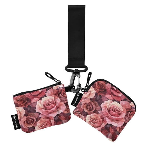 Portable Coin Purse Two 4.13x4.13 Iinches 4.13x3.5 Inches Wrist Coin Purse Keys Coin Purse Portable Women's Purse Cartoon Maroon Roses