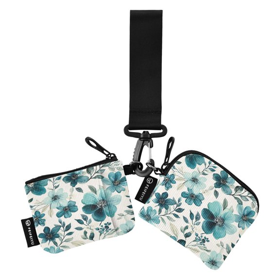 Portable Coin Purse Two 4.13x4.13 Iinches 4.13x3.5 Inches Wrist Coin Purse Keys Coin Purse Portable Women's Purse Cartoon Turquoise Flowers