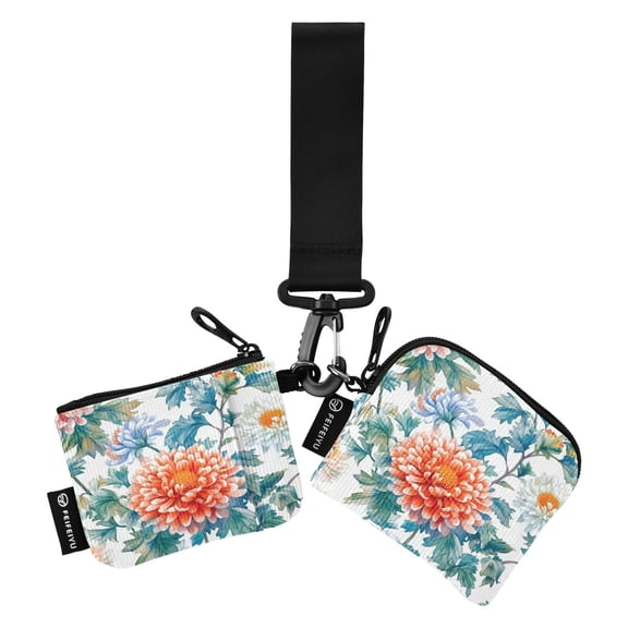 Portable Coin Purse Two 4.13x4.13 Iinches 4.13x3.5 Inches Wrist Coin Purse Keys Coin Purse Portable Women's Purse Chrysanthemums Maroon