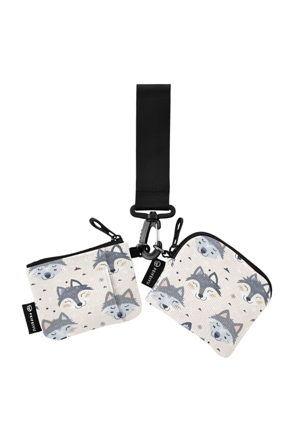 Portable Coin Purse Two 4.13x4.13 Iinches 4.13x3.5 Inches Wrist Coin Purse Keys Coin Purse Portable Women's Purse Gray Cartoon Wolf Face