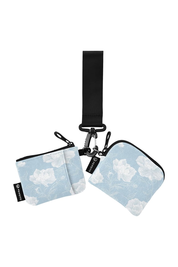 Portable Coin Purse Two 4.13x4.13 Iinches 4.13x3.5 Inches Wrist Coin Purse Keys Coin Purse Portable Women's Purse Pretty Blue White Flowers