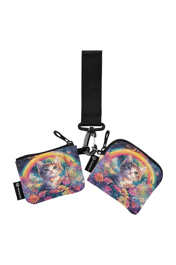 Portable Coin Purse Two 4.13x4.13 Iinches 4.13x3.5 Inches Wrist Coin Purse Keys Coin Purse Portable Women's Purse Pretty Rainbow Cat