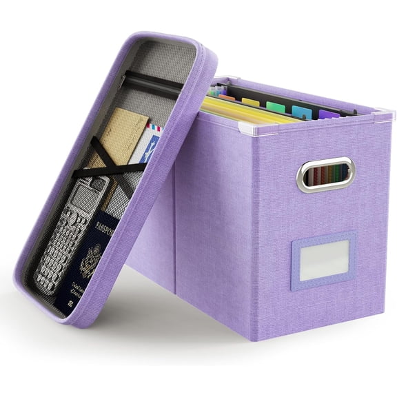 File Organizer Box with Lid, Hanging Filing File Box with Mesh Pocket, Document Organizer Box for Letter Files, Portable Storage Box with Smooth Sliding Rail for Office&Home (1 PCS, Lavender)