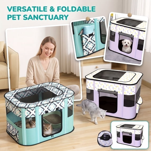Portable Collapsible Cat Carrier Kennel, Large Breathable Pet Playpen for Indoor Small Dogs, Puppy Rabbit Travel Cage with Mesh Windows, Light Lavender 24 Inch Pet House for Home