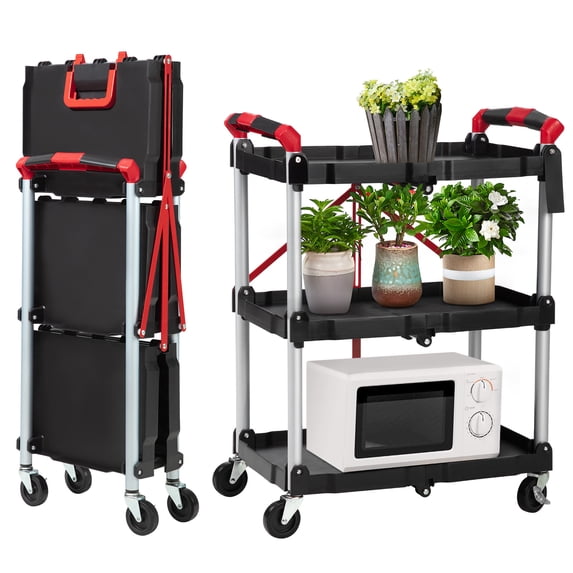 Portable Collapsible Service Cart, 3 Tier Folding Utility Cart Storage Trolley with 2 Lockable Wheels