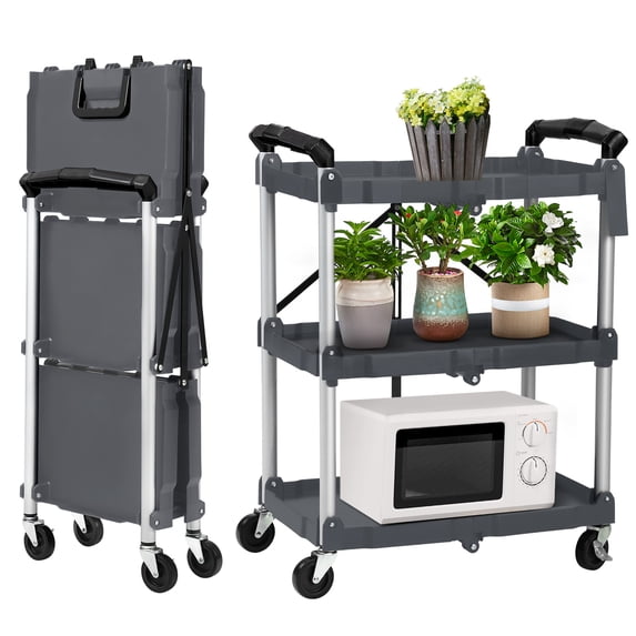 Portable Collapsible Service Cart, 3 Tier Folding Utility Cart Storage Trolley with 2 Lockable Wheels