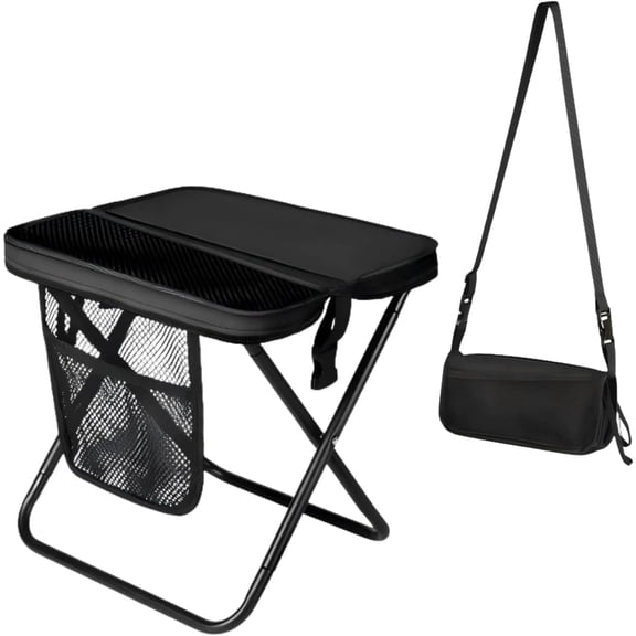Portable Collapsible Stool - Folding Chair with Storage Pouch, Convertible Satchel for Hands-Free Carry & Supports 265Lbs, Ultralight for Hiking, Fishing, Camping, Festivals (Black)