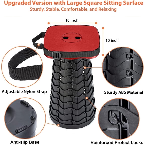 Portable Collapsible Stool Set - Heavy Duty Square Collapsible Stool + Thick Seat Cushion - 550lbs Load Capacity for Camping Travel Picnic Gardening (Red/Black)