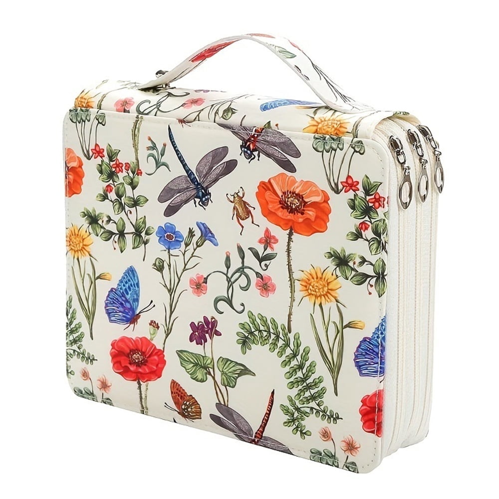 Portable Colored 124 Slots Pencil case Organizer with Printing Pattern for Watercolor Pencils, Pencil Case Organizer for Artist(Dragonfly White)