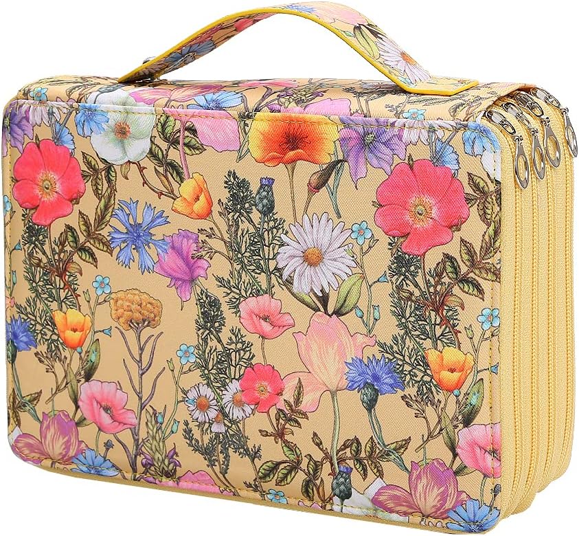 Portable Colored Printing Flower Pencil Case - 200 Slots Pencil Holder with Zipper Closure Twill Fabric Large Capacity Pencil Case for Watercolor Pens Markers, Multilayer Pencil Organizer for Artist