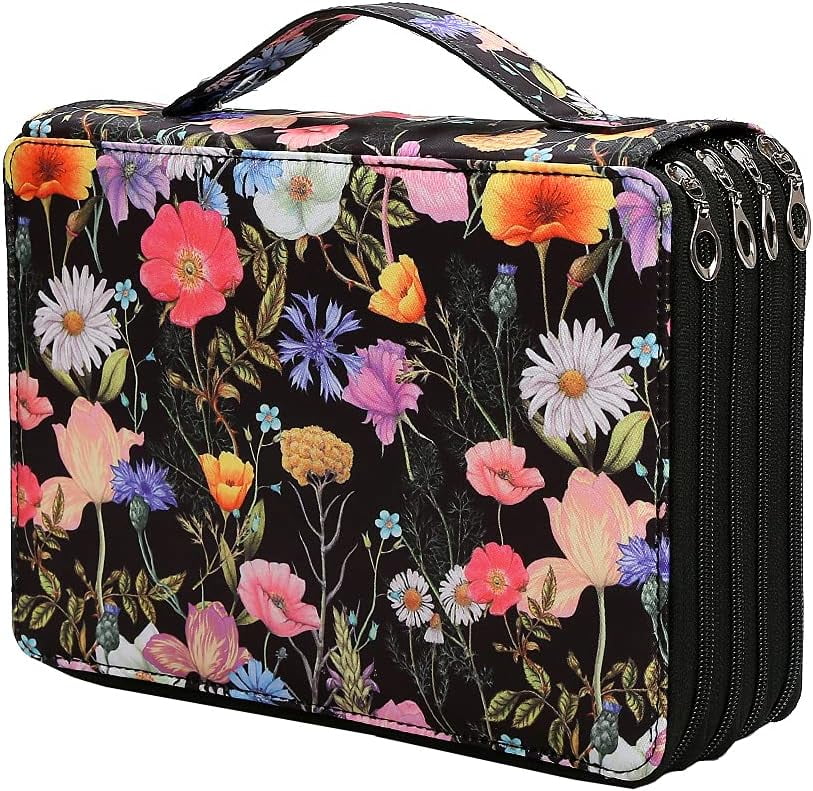Portable Colored Printing Flower Pencil Case - 200 Slots Pencil Holder with Zipper Closure Twill Fabric Large Capacity Pencil Case for Watercolor Pens Markers, Multilayer Pencil Organizer for Artist