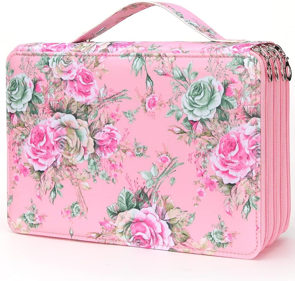 Portable Colored Printing Flower Pencil Case - 200 Slots Pencil Holder with Zipper Closure Twill Fabric Large Capacity Pencil Case for Watercolor Pens Markers, Multilayer Pencil Organizer for Artist