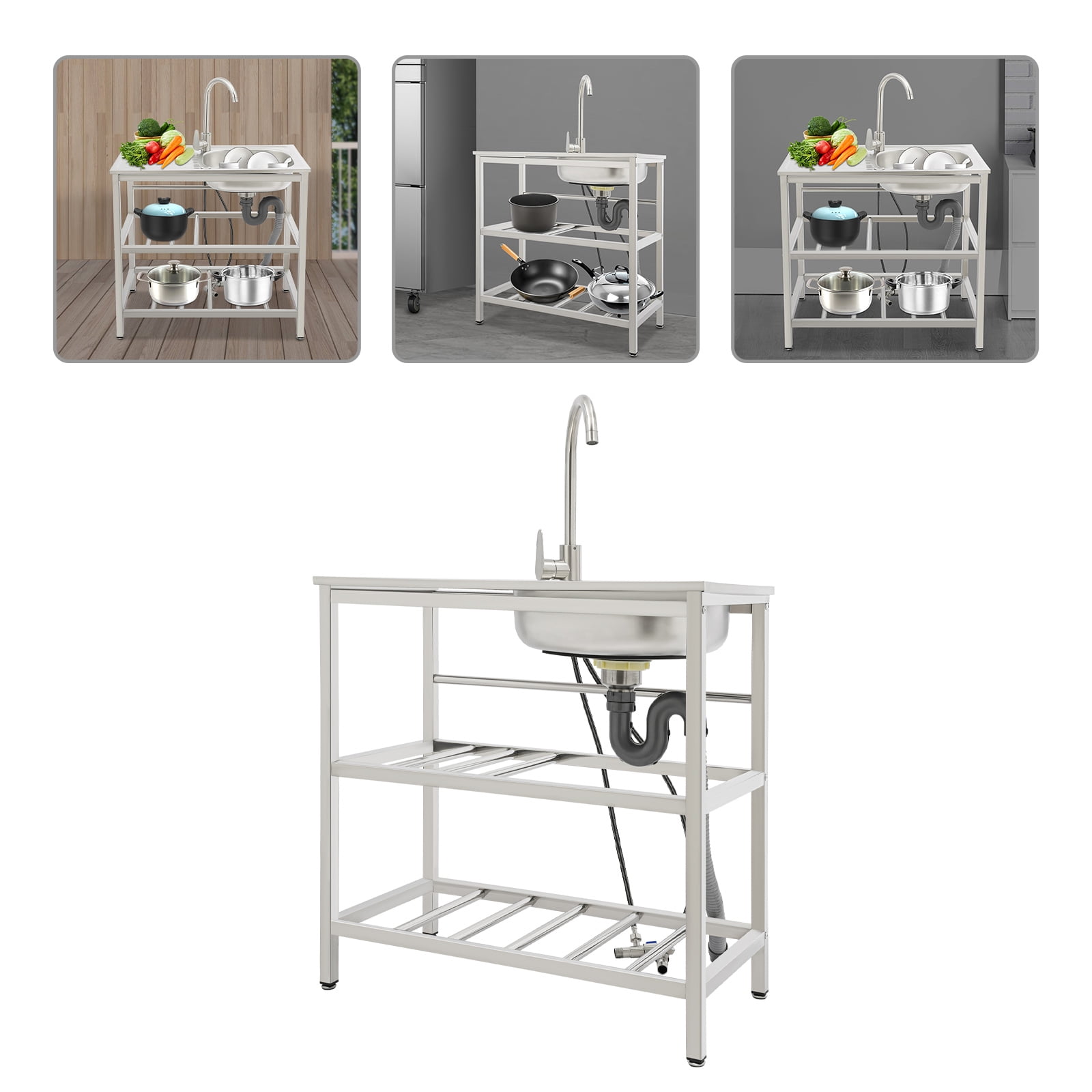 Portable Commercial Stainless Steel Freestanding Single Bowl Utility Sink Set - Outdoor Kitchen Sink for Restaurant W/2-tier Storage Shelves (H 30.7in)