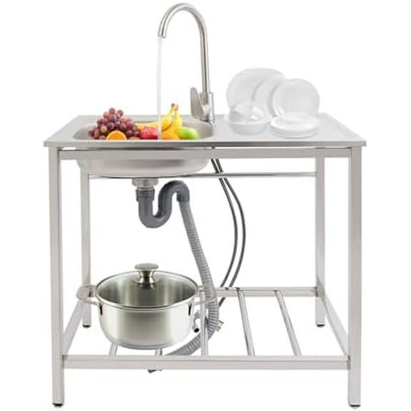 Portable Commercial Stainless Steel Sink, Freestanding Single Bowl Utility Sink Set - Outdoor Kitchen Sink for Restaurant Cafe Hotel Garage and Laundry Room W/2-tier Storage Shelves (H 29.52in)