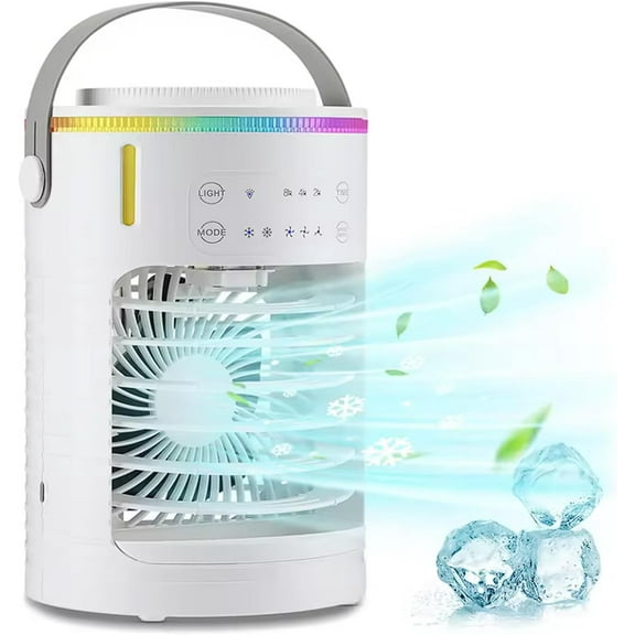 Portable Compact Evaporative Cooler with 7-Color LED Light, Adjustable Speed, Timer & Dual Spray Modes for Small Spaces
