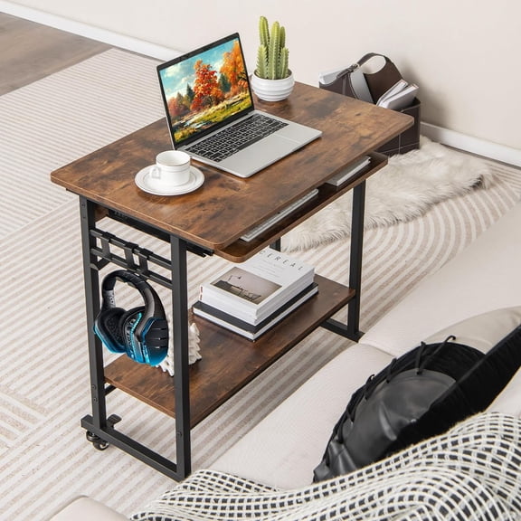 Portable Computer Desk, Rolling Laptop Cart with Shelf & Hooks, Small Home Office Desk for Small Spaces, Study Table with Wheels
