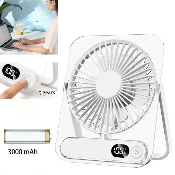 Portable Cooling Air Conditioner Fan, 5-Speed 3000mAh Battery, 180° Wide-Angle Quiet Airflow, Digital Display, Acrylic Body for Home Office Camping, Wall-Mount Desktop Fan