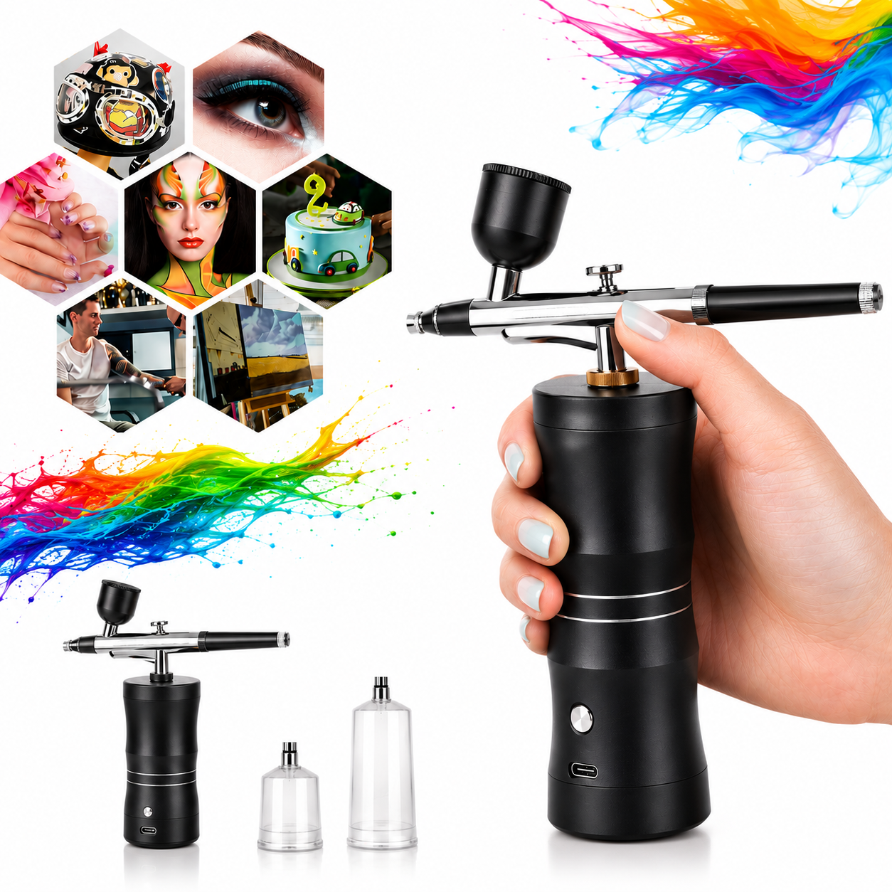Portable Cordless Airbrush Kit with Mini Air Compressor Rechargeable Spray Gun for Nail Art Makeup Tattoo Cake Decorating Painting Hobby Crafts Dual Action Air Brush Set USB Charging Cleaning Tool