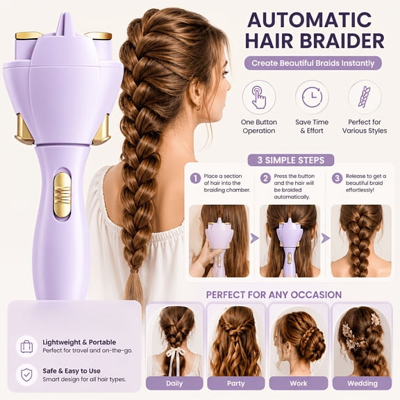 Portable Cordless Automatic Hair Braider, One-Click Fast Twist Hairstyle Tool, Purple, Easy DIY Braids for Daily, Party, Travel & Wedding Hairstyles